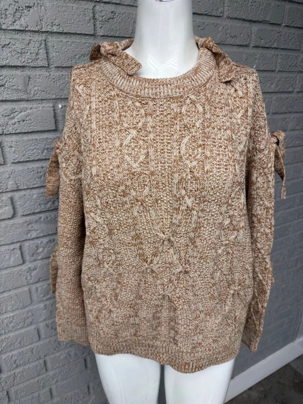 Project Naadam Cold Shoulder Cable Knit Tie-Knot Sweater Size S